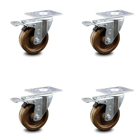 Service Caster 4 Inch High Temp Phenolic Swivel Top Plate Caster Set with Total Lock Brake SCC SCC-TTL20S414-PHSHT-4